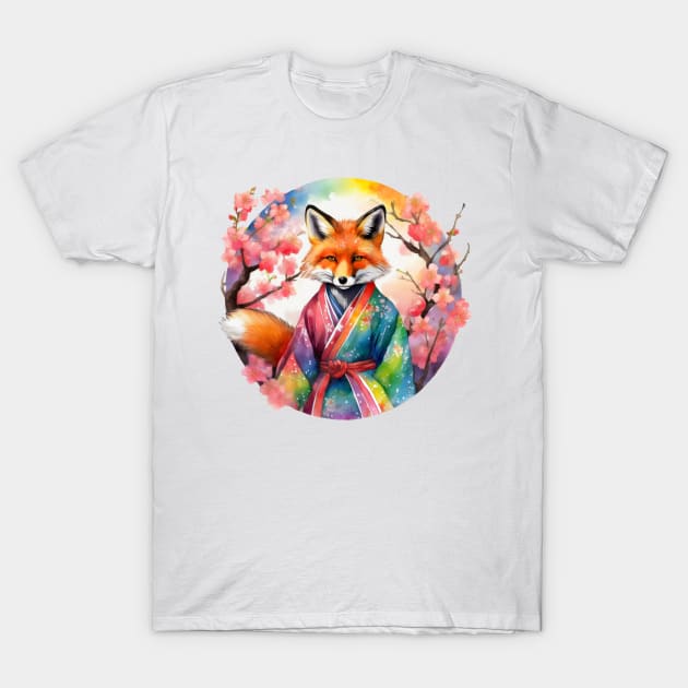 Vibrant Rainbow Kimono Kitsune with Cherry Blossoms T-Shirt by CraftyVixen